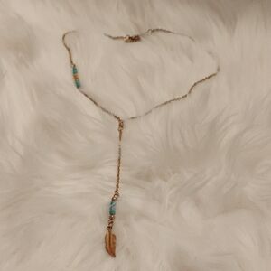 Gold and Blue Y-Shape Necklace with Feather Pendant